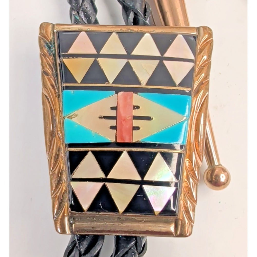 Navajo BB Bernice Bonney Sterling 12K GF Pearl Turquoise Onyx Coral Bolo Tie